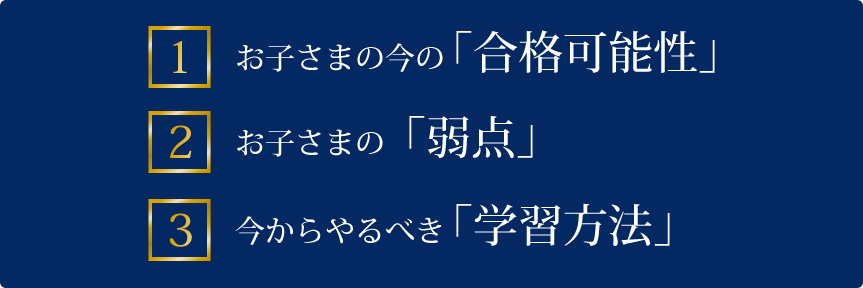 1.お子さまの今の合格可能性 2.お子さまの弱点 3. 今からやるべき学習方法