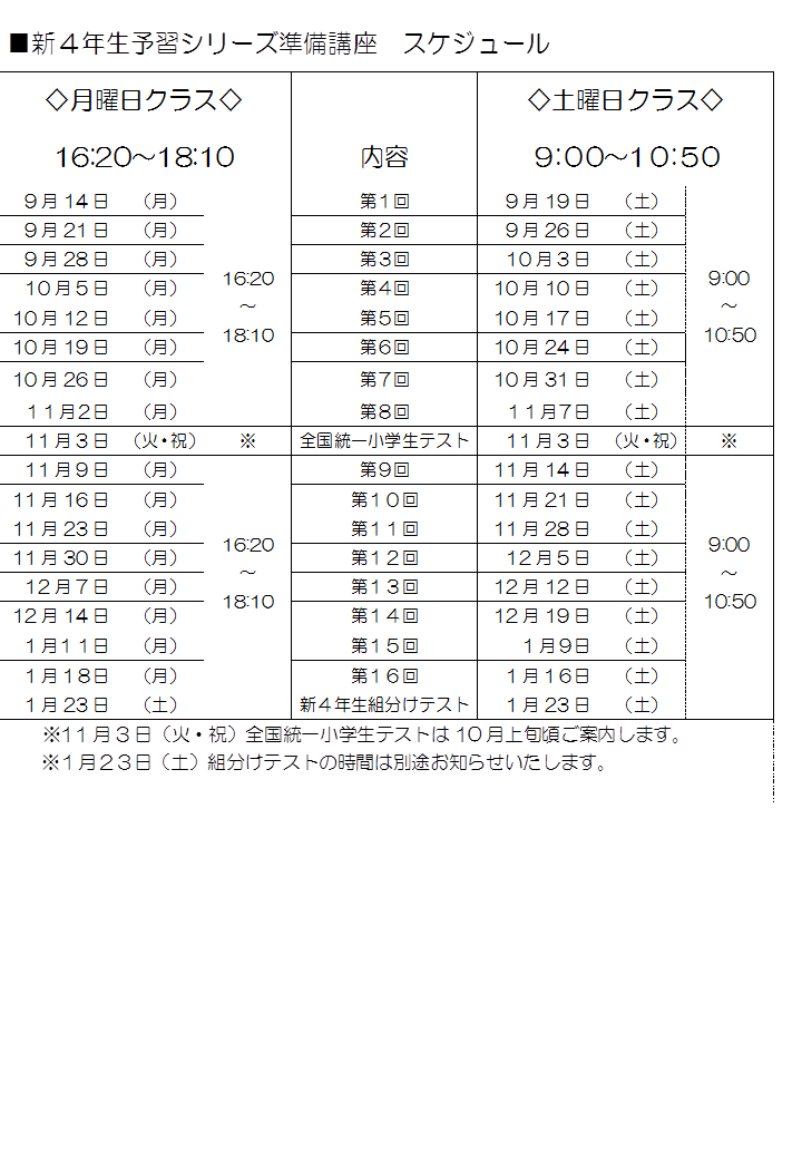 予習シリーズ準備講座スケジュール