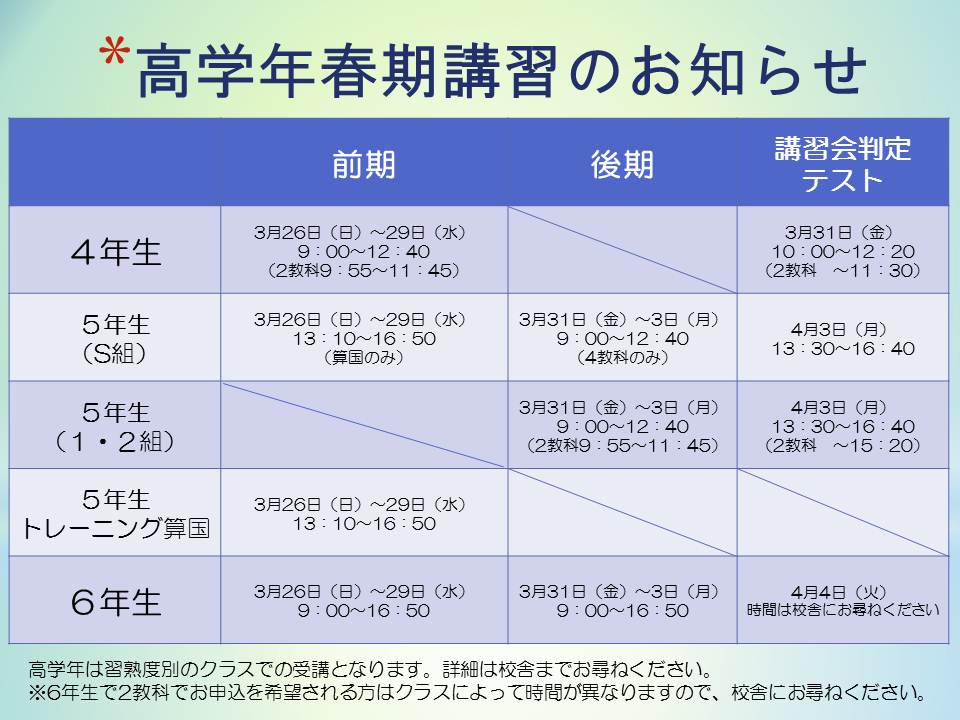 春期講習のお知らせ高学年