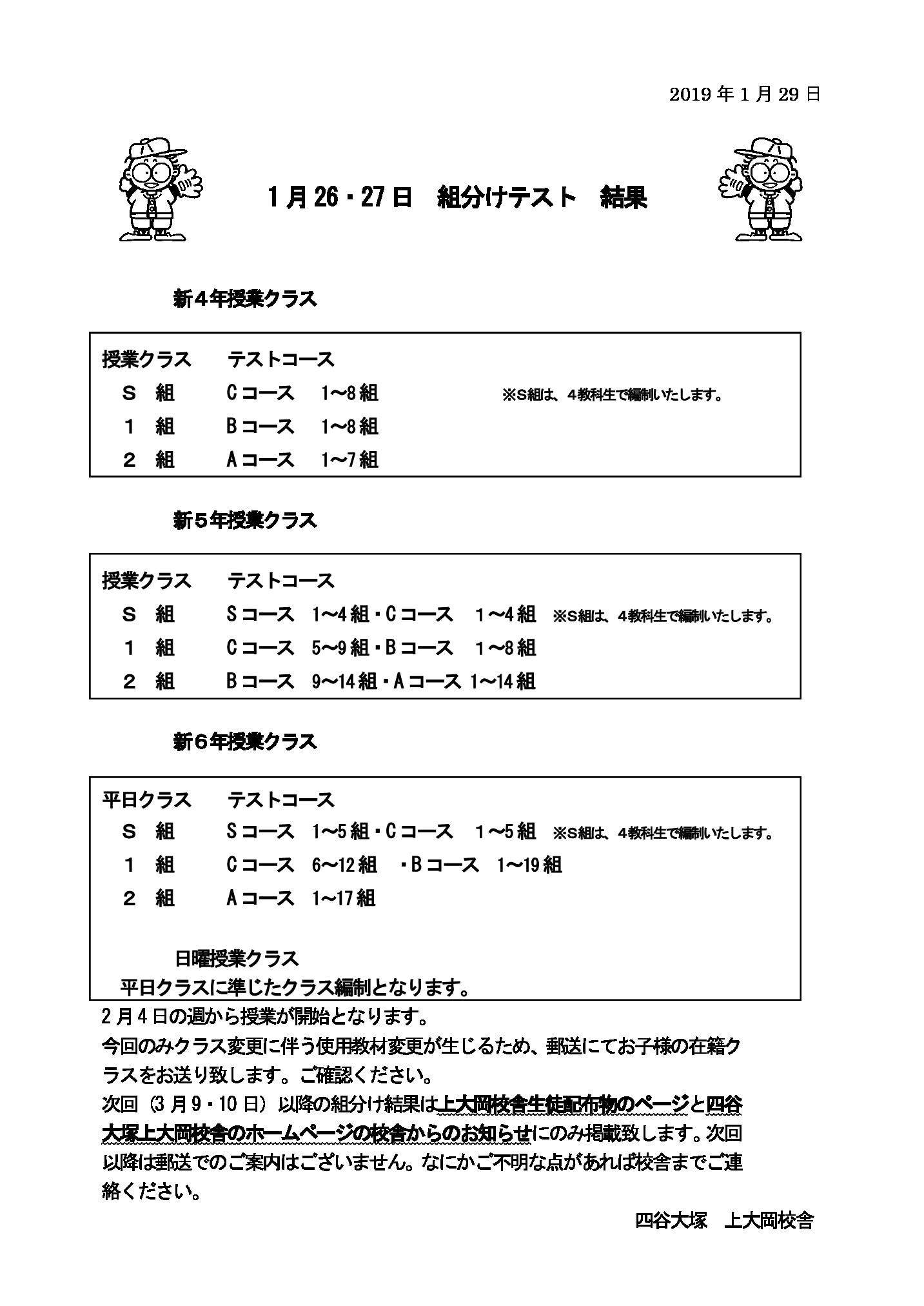 2019年1月組分けテスト結果お知らせ