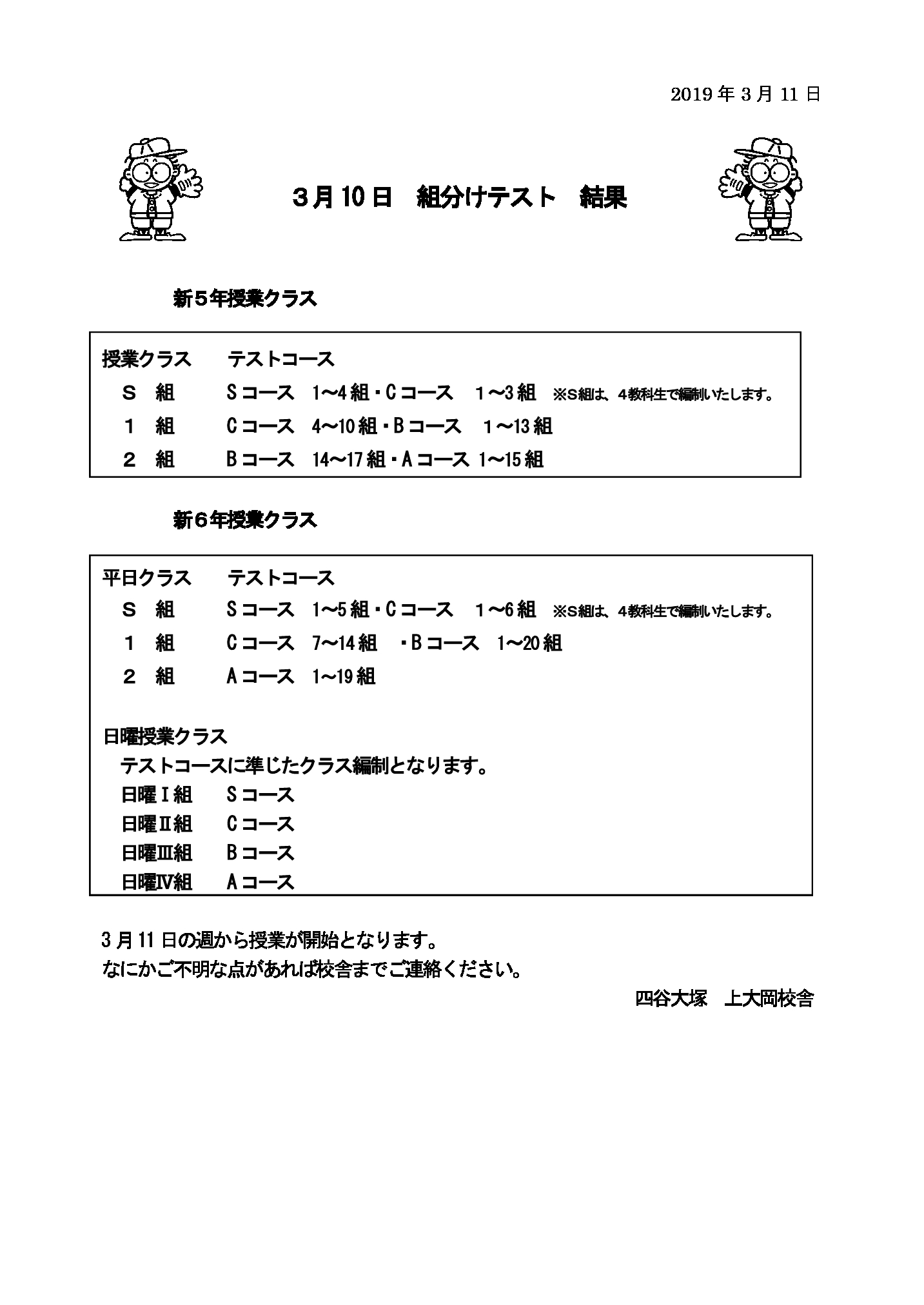 5・6年生組分け結果のお知らせ