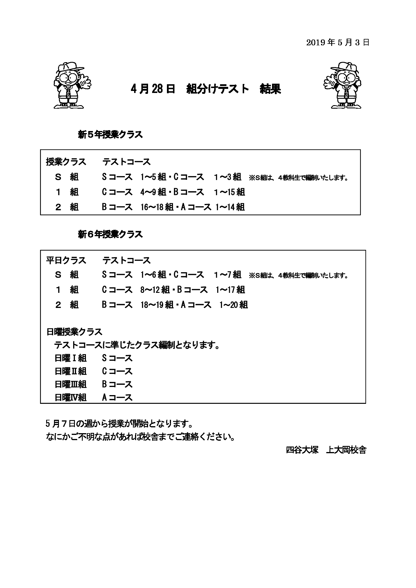 5・6年生4月組分け結果のお知らせ