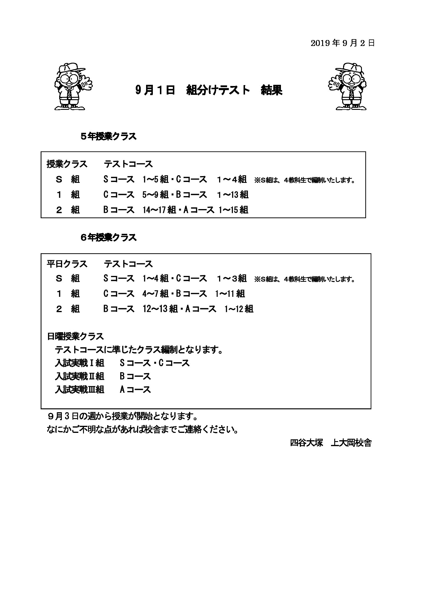 5・6年生組分け結果のお知らせ