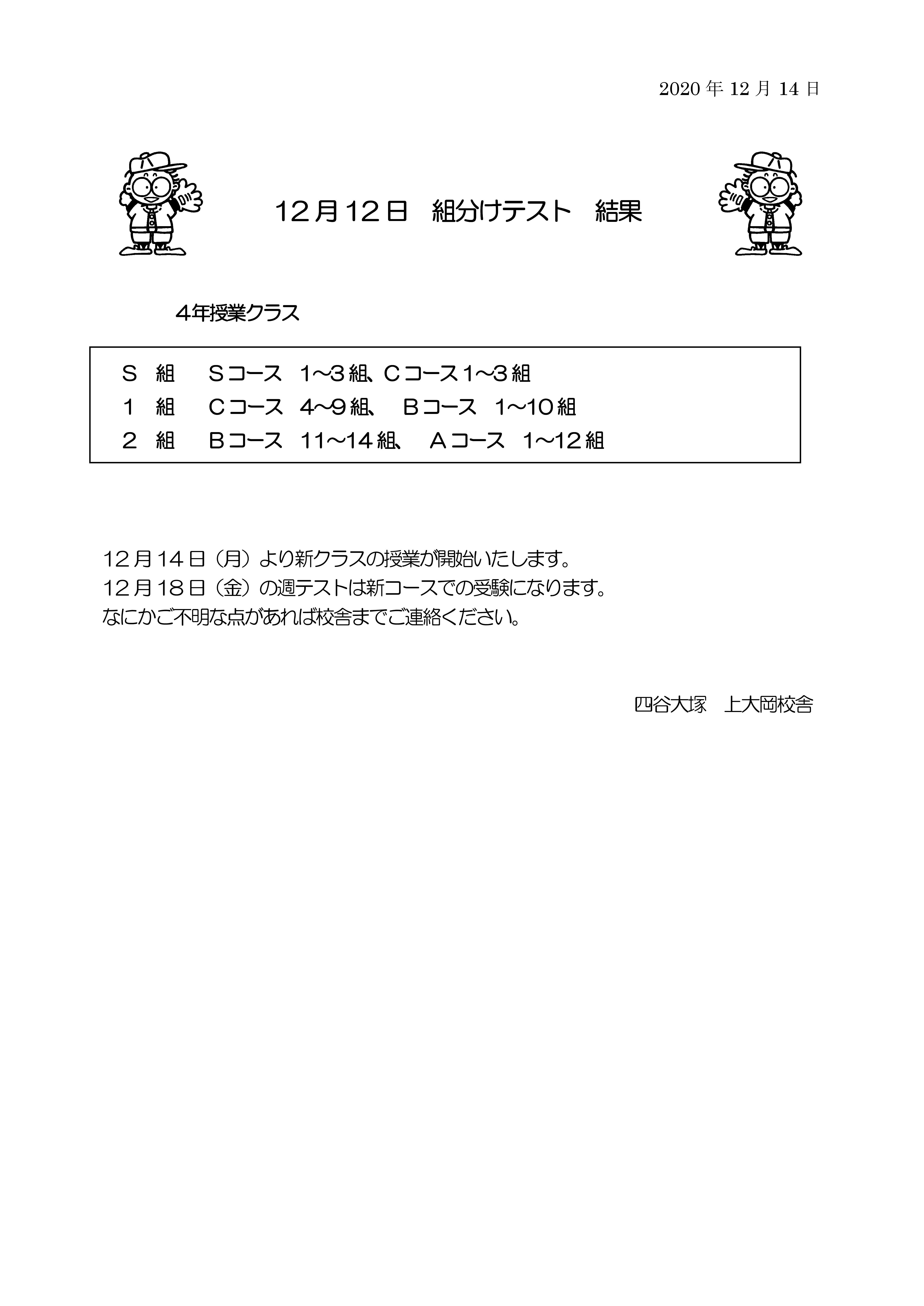 4年12月組分けテスト結果