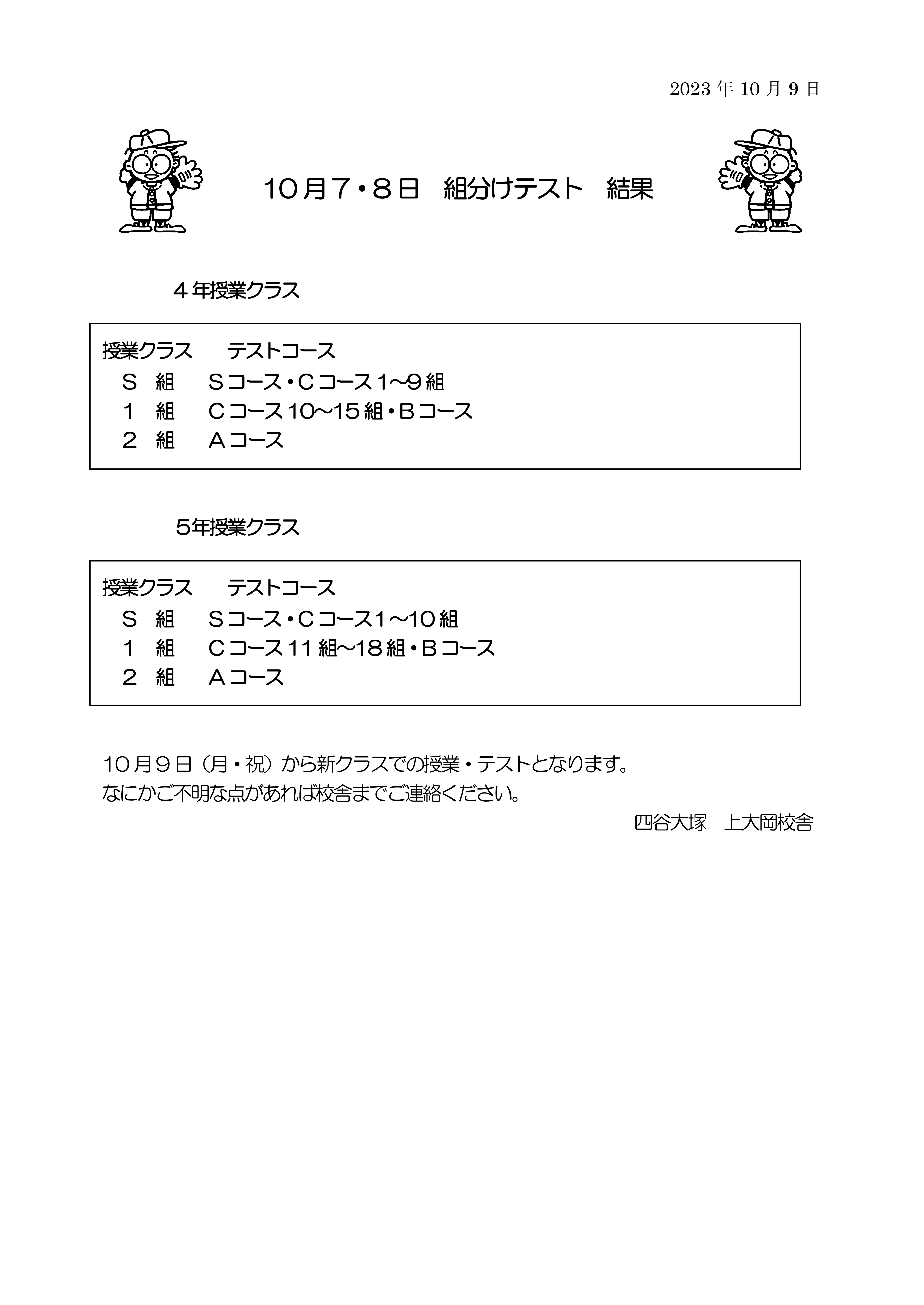 2023年10月組分けテスト結果のお知らせ