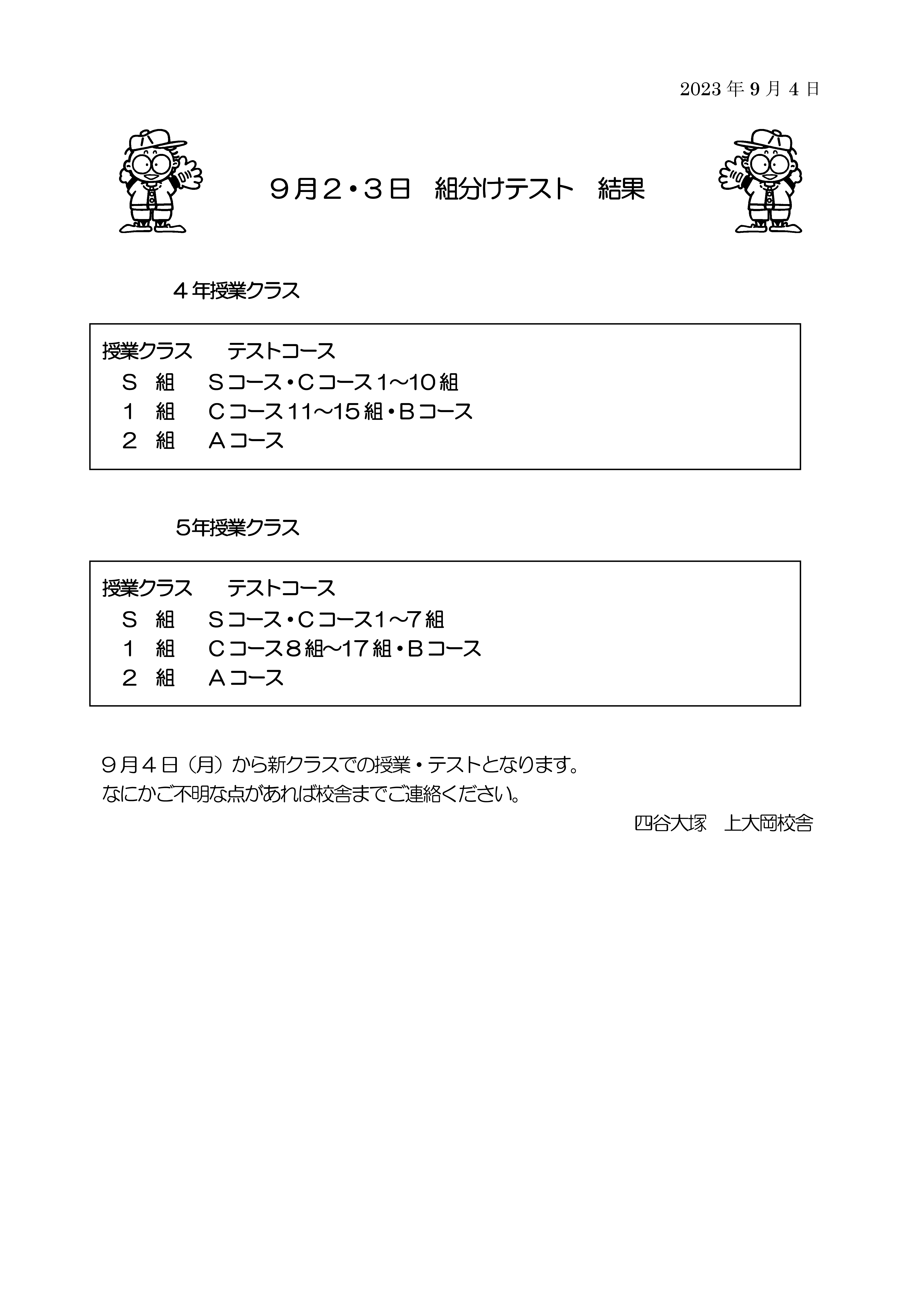 2023年9月組分けテスト結果のお知らせ