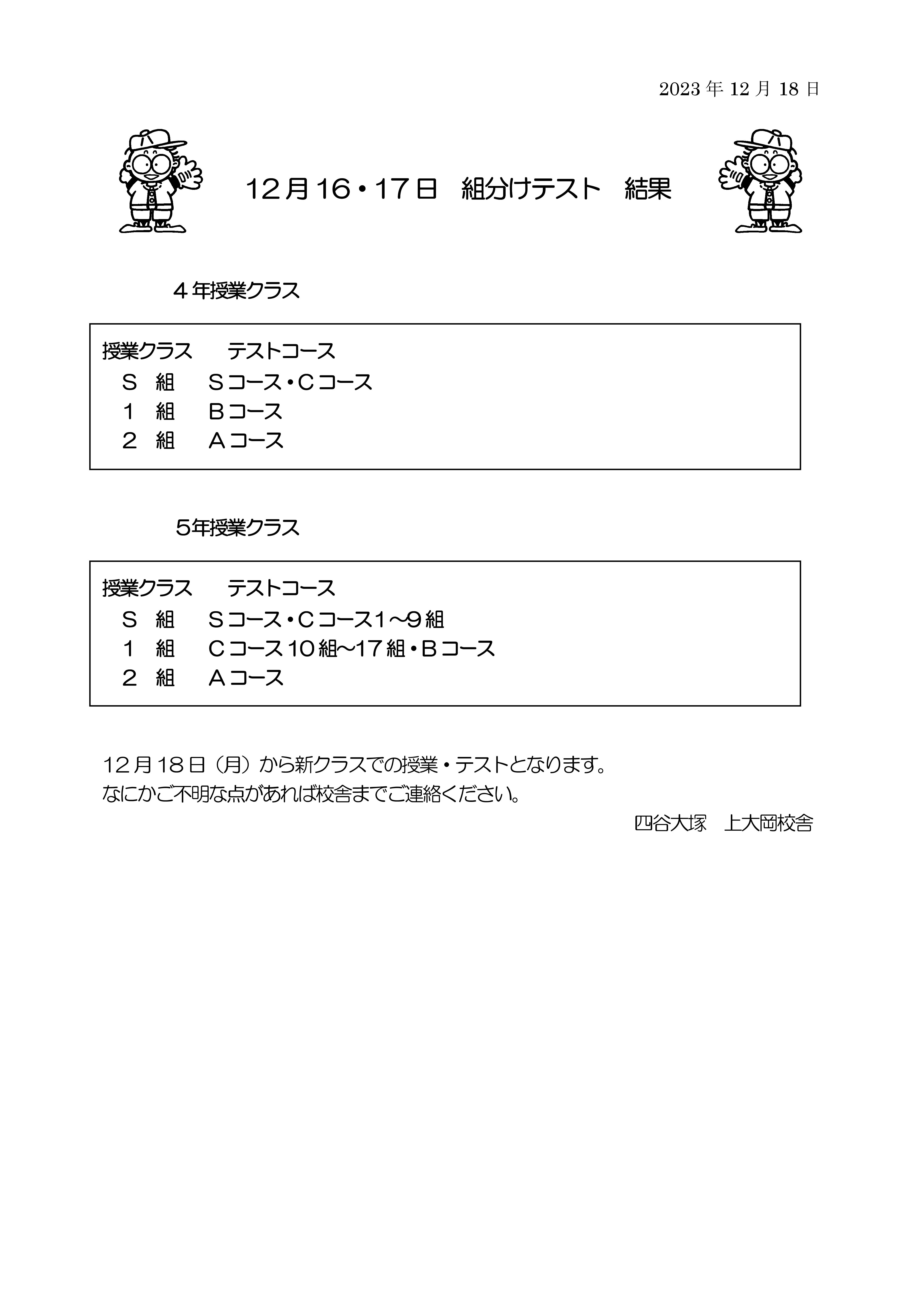 2023年12月組分けテスト結果のお知らせ